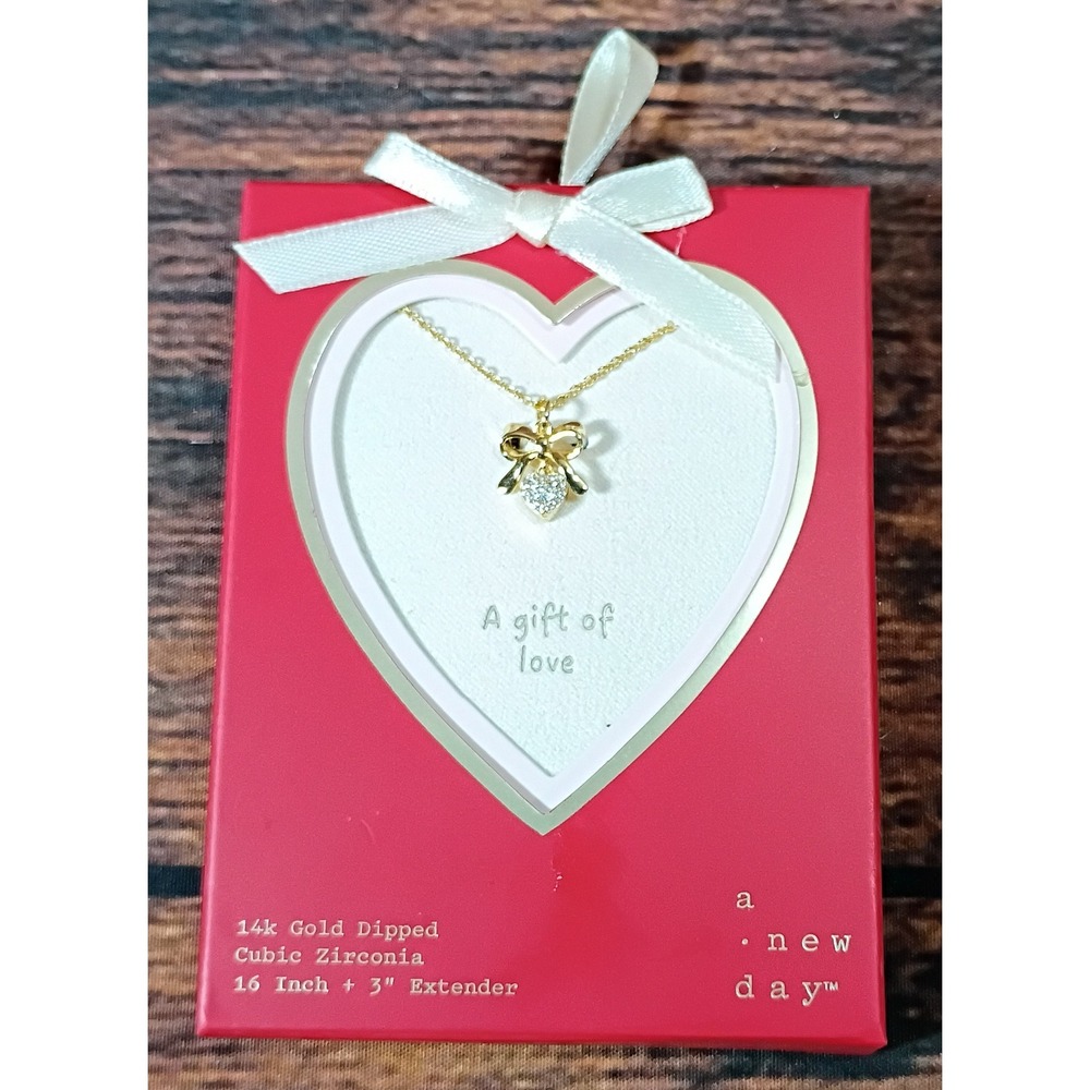 A New Day 14k Gold‎ Dipped Bow Cubic Zirconia Heart Necklace 16-19 Inch NIB